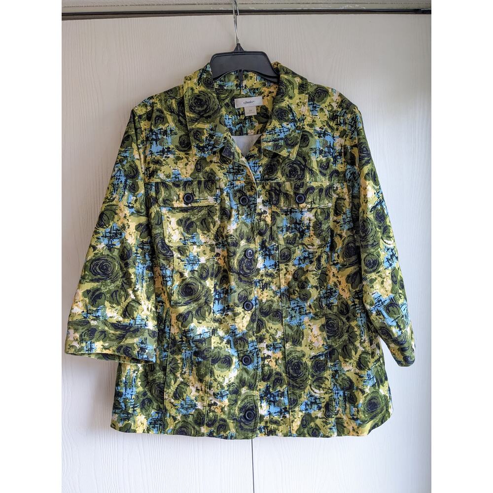 Cjbanks Women's Green Blue Button Front Collared 3/4 Sleeve Jacket size 2X